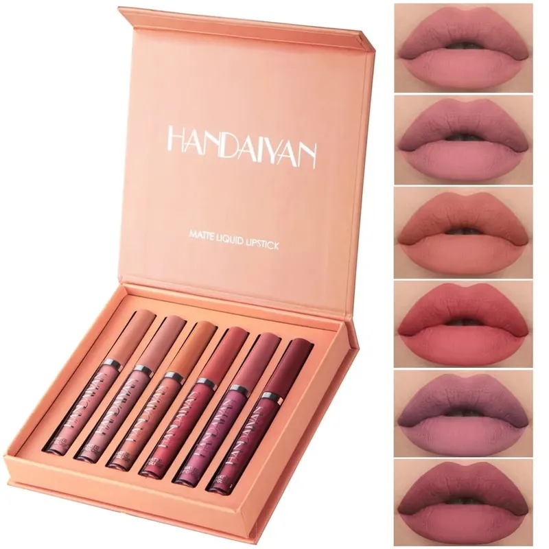 6 teile/satz Lip Gloss Langlebig Wasserdicht Matte Lip Tint Antihaft Tasse Flüssigkeit Lippenstift Geschenk Box Kosmetik Make-Up