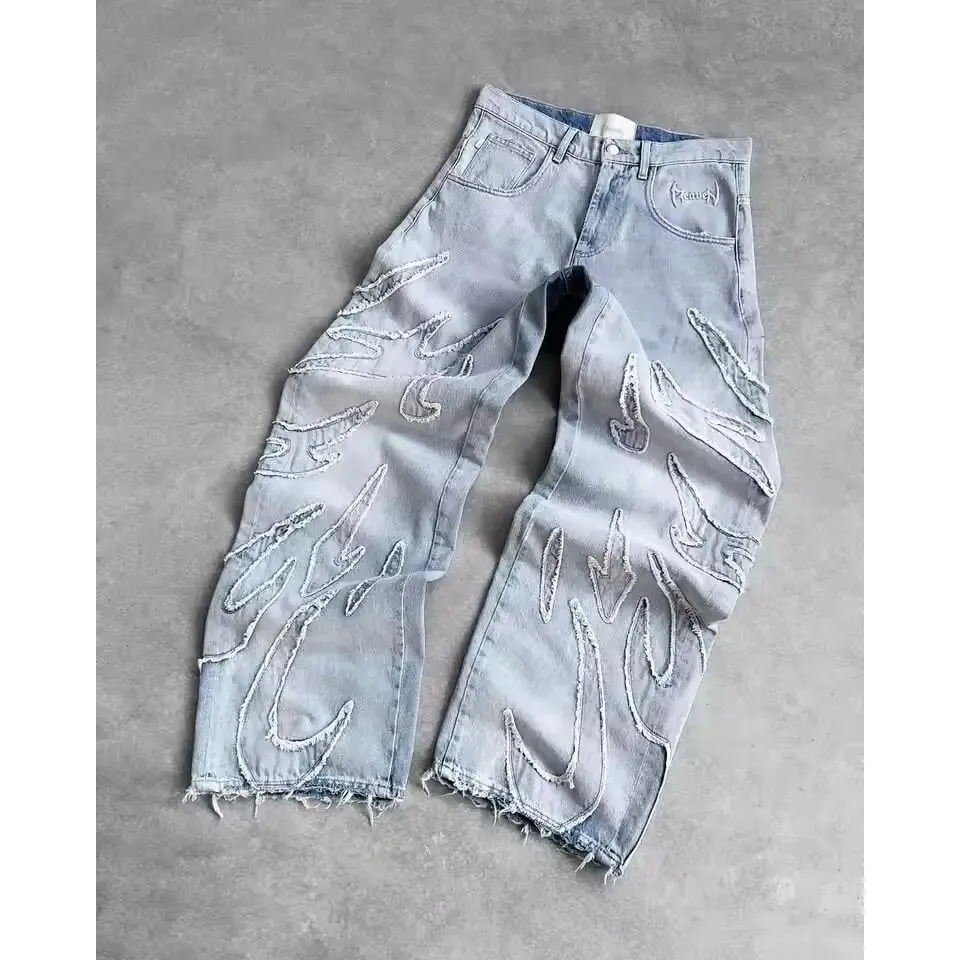 Jean à jambes larges en Denim noir, Streetwear, avec lettres surdimensionnées brodées et jean Baggy en détresse, pantalon gothique Hip Hop