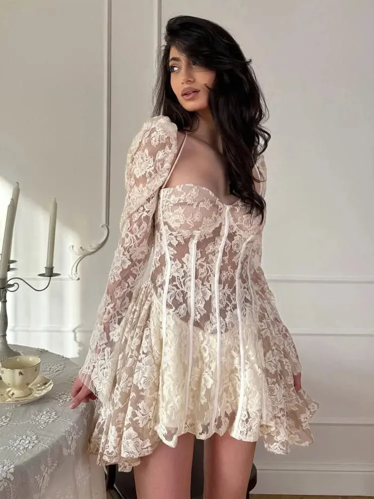 Elegant Patchwork Lace Short Dress Women Chic Full Sleeves See Through A-line Slim Dresses 2026 Lady Evening Party Vestidos New — image 3