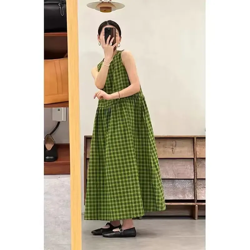 Pelangsingan Plaid Cotton Lin Svel Long Dr Wanita plus Saiz Dstring Pinggang bulat Ne Vest Skirt Ulang-alik Sle Musim Panas...