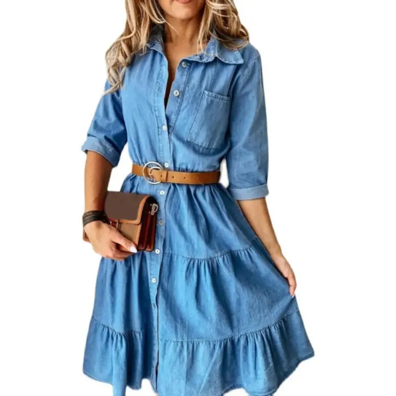Vestido vaquero de manga tres cuartos con cinturón, cuello vuelto, botones de primavera y otoño, vestidos vaqueros con volantes para mujer 2025 — image 5