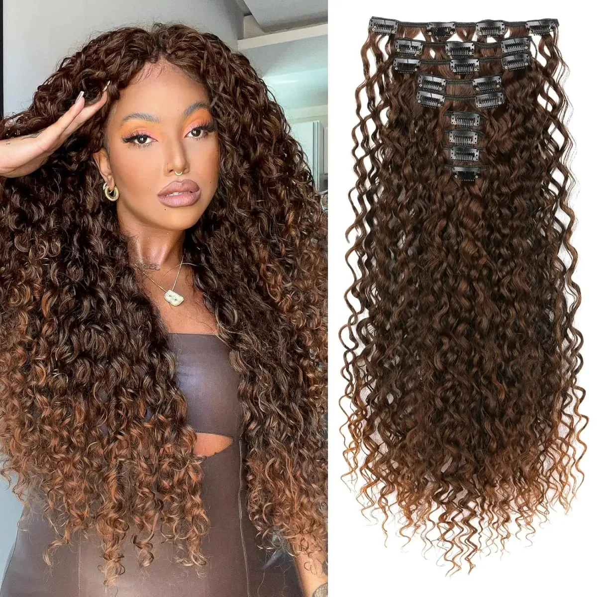 9PCS Klip Dalam Kit Sambungan Rambut Panjang Lembut Kerinting Sambungan Rambut Sintetik Kinky Curly Potongan Kepala Penuh Palsu untuk Wanita — image 2