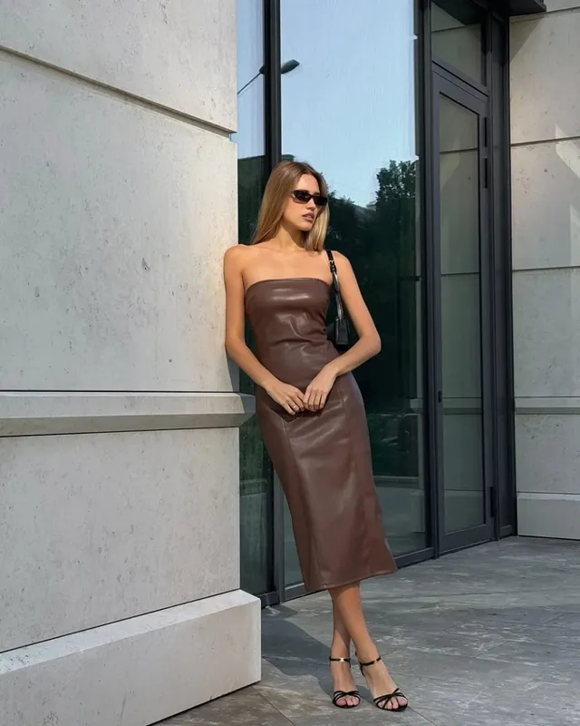 Abiti sexy senza spalline in pelle PU Abito da donna senza spalline senza maniche diviso sull'anca 2025 Abiti da festa primavera autunno — image 6