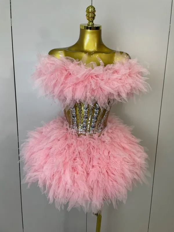 2025ผู้หญิงเซ็กซี่Backlessตาข่ายFluffyกระโปรง2ชิ้นเพชรSequins Stageเครื่องแต่งกายวันเกิดPartyการถ่ายภาพชุด — image 2