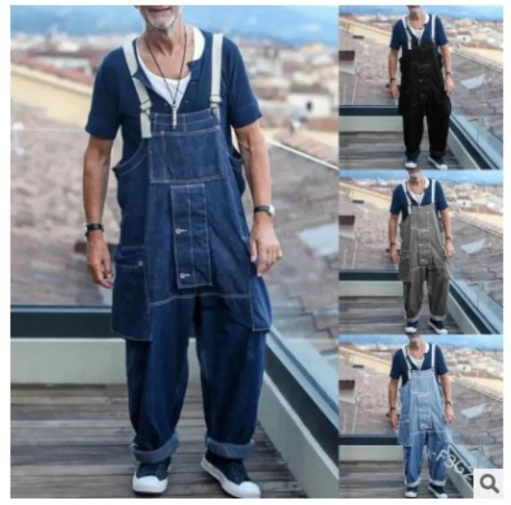 Streetwear Uomo Tinta unita Multi tasche Salopette di jeans Allentato Casual Lavato Tuta 2024 Bretelle maschili Jeans Pantaloni cargo — image 7