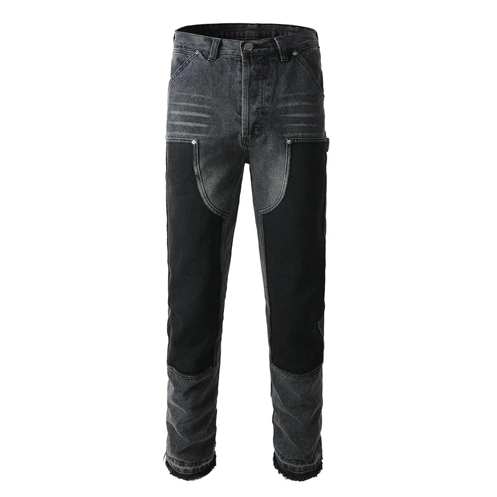 Mænd Patch Cargo Denim Jeans Streetwear Nitte Frigivet Hem Patchwork Bukser Knap Flue Løse Lige bomuldsbukser — image 5