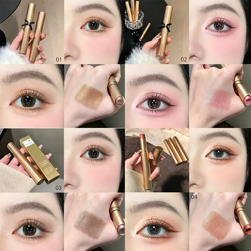 1 세트 3가지 컬러 그라데이션 아이 섀도우 메이크업 스틱 방수 및 땀 방지 얼룩이지기 쉬운 진주 빛 파인 샤이니 아이 섀도우