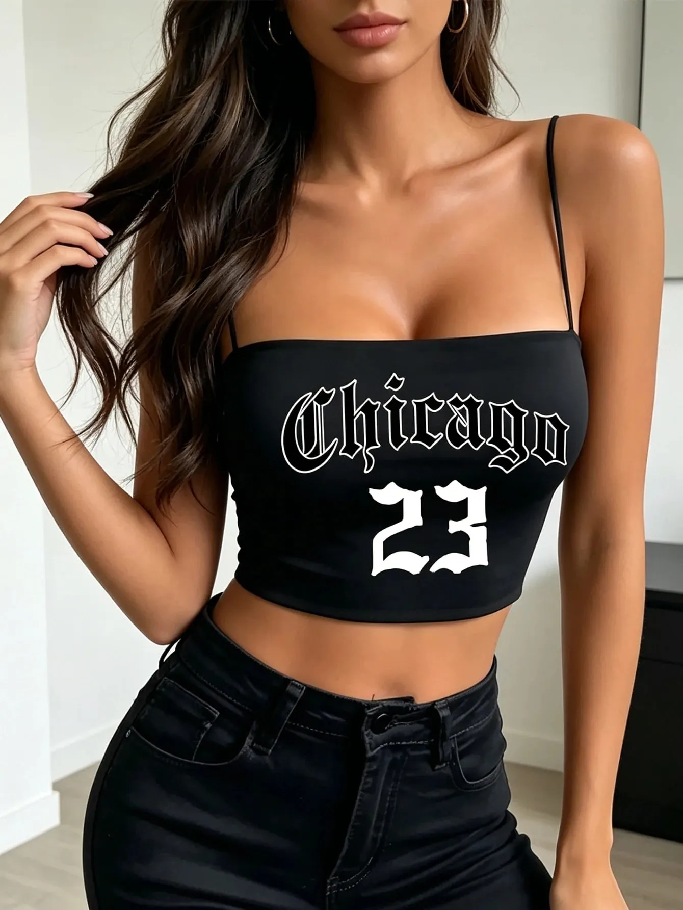 Lady Summer 'Chicago 23' style gothique imprimé fine bandoulière haut à licou Y2K rétro Cool fille Style confortable à porter comme — image 2