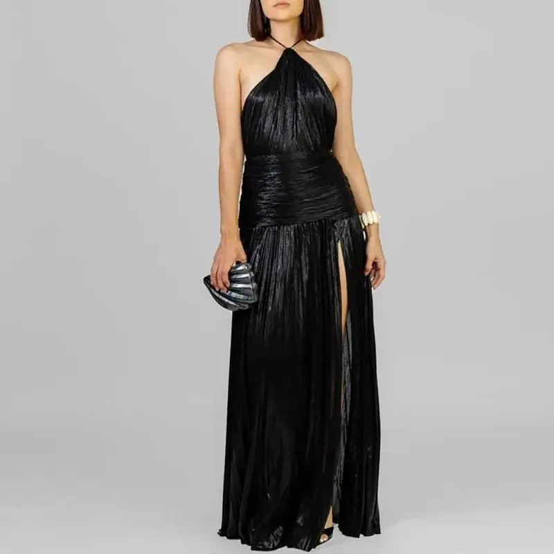 Gold Sexy Halter High Split Gowns Evening Dress Woman Chic Solid Hollow Pleated Long Dress Spring Summer Backless Zip Maxi Dress — image 11