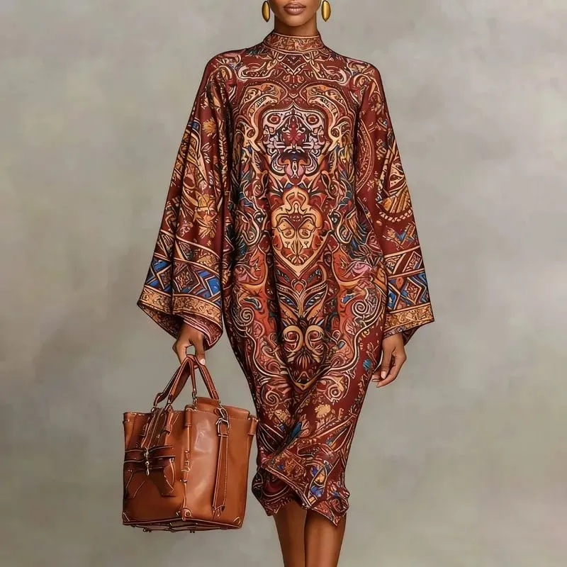 Yeezzi 2026 ใหม่Retroคลาสสิกพิมพ์ชุดราตรีMidiหลวมแขนBatwing Elegant Ramadanโบสถ์KaftanชุดRobe — image 1