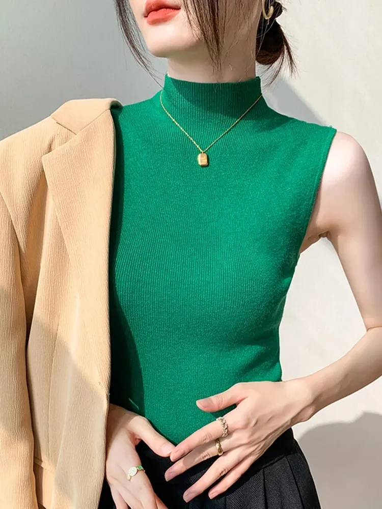 Sexy Sommer Rollkragen Tank Tops Frauen Gerippte Ärmel Solide Schlank Top Weibliche Sleveless Leibchen Weste Beiläufige Gestrickte Camis 2026 — image 11