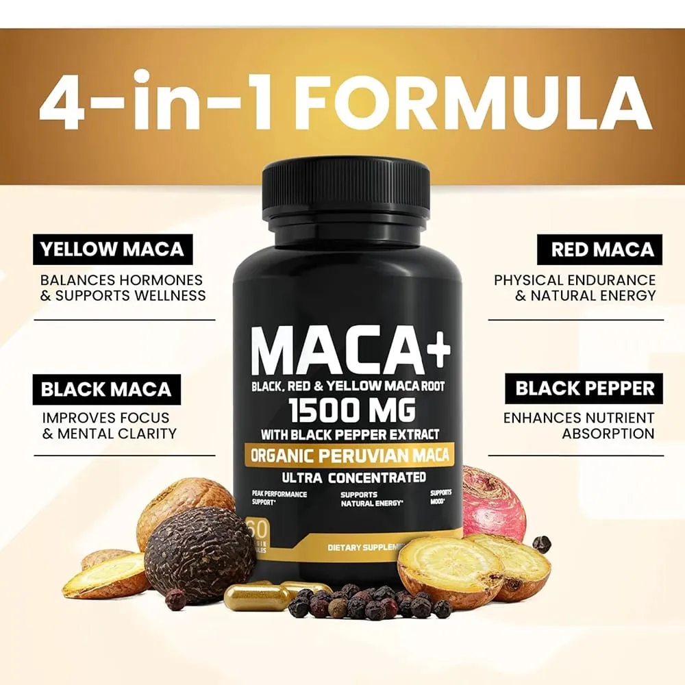유기농 마카 뿌리 분말 캡슐 1500mg, 검정+빨간색+노란색 페루산 마카 뿌리 보충제(남성 및 여성용) 포함 - 비건 알약