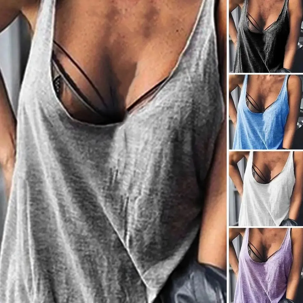 Lady Casual Solid Color Loose Tees U-neck Sleeveless Thin Women Vest Low Collar Stretchy Lady Summer Simple T-shirt Streetwear