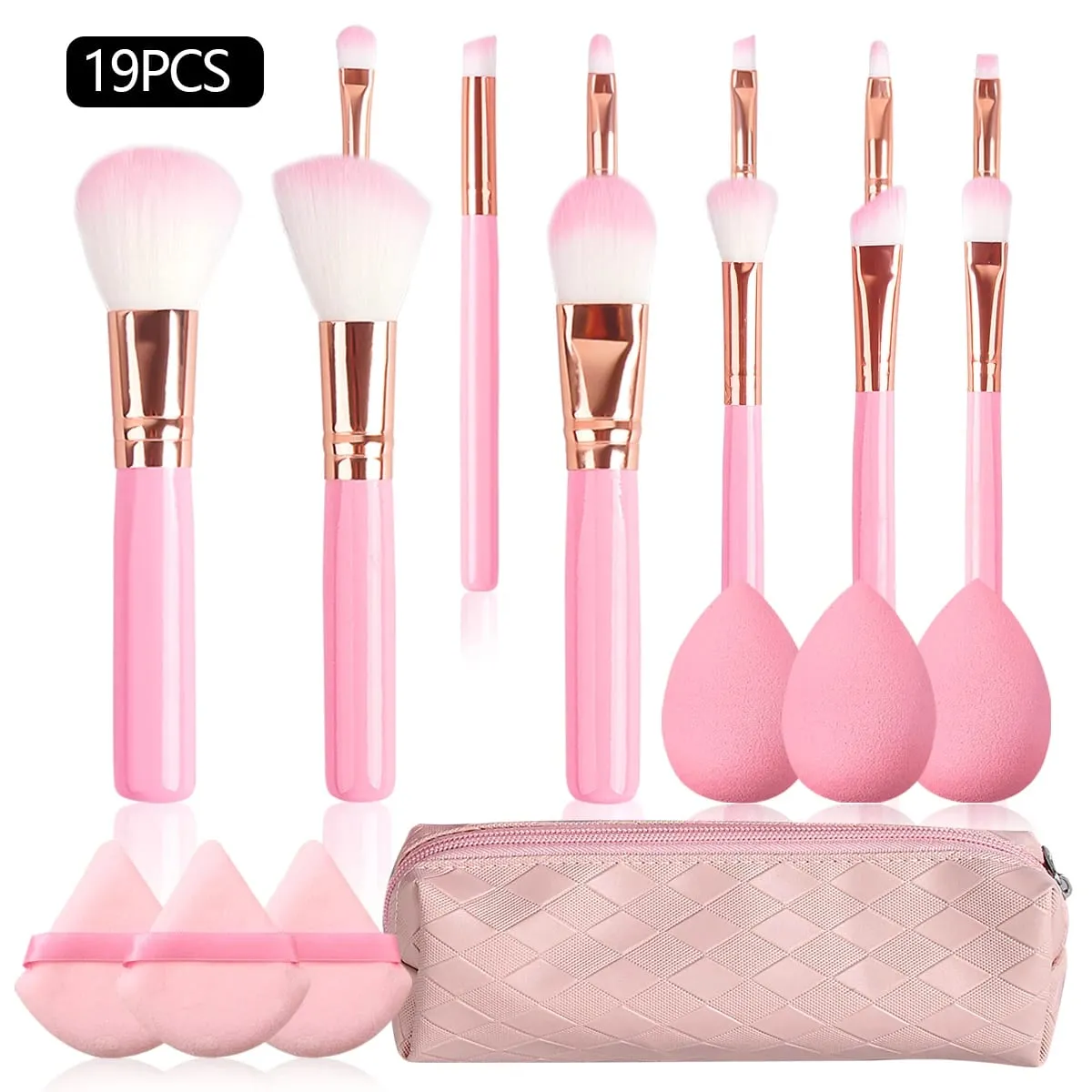 19PCS Set of 12 Beginner Makeup Brushes +3Pcs Non-Powder Makeup Eggs +3Pcs Triangular Powder Puff +1Pcs Storage Bag — image 1