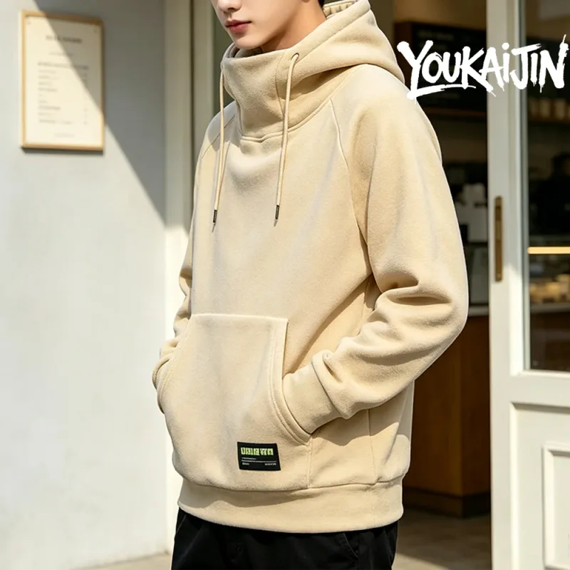 Baju Sweatshirt Bulu Kutub Lelaki Warna Pejal Gaya Jalanan Musim Gugur Musim Sejuk Tudung Sukan Kalis Angin Bersaiz Besar Kolar Tinggi Hoodie 5XL — image 8