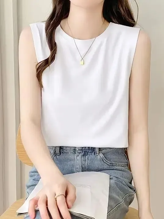 Simple Cotton Sleeveless Tank Top for Women—Classic Loose-Fitting Casual Base Layer Summer Round-Neck Base Layer T-Shirt Brea — image 5