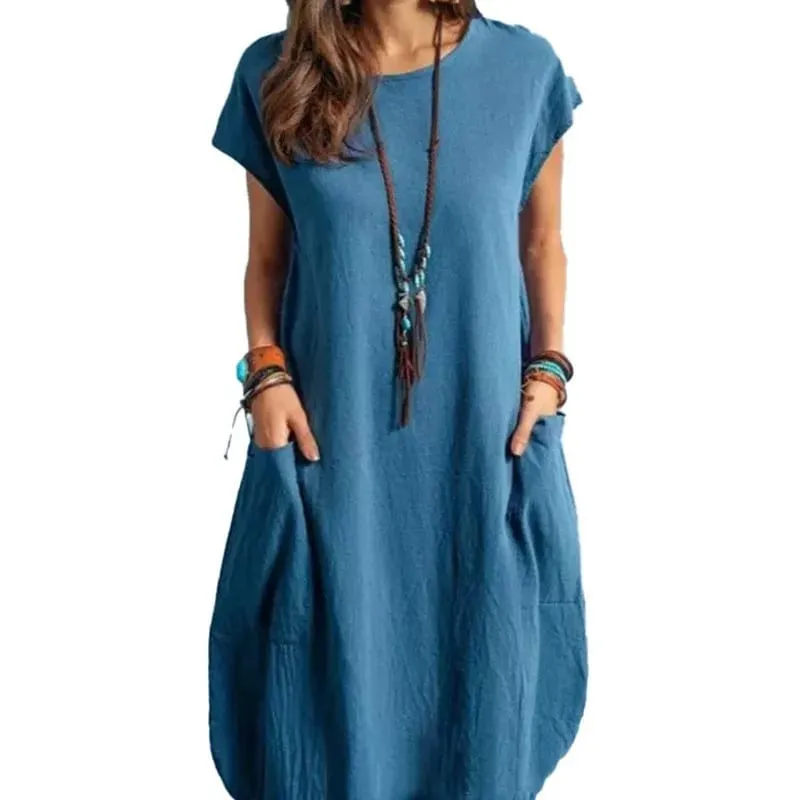 Frühling und Sommer Europa und die Vereinigten Staaten Amazon Stand Alone eBay Baumwolle Leinen Lose Lässige Reine Farbe Taschenkleid Damen