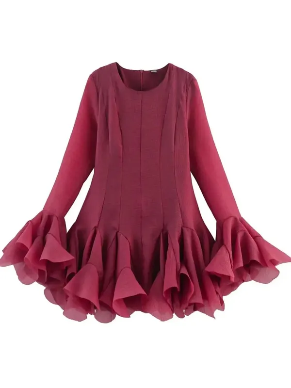 2026 Sommer Kvinders Elegante Flerlags Flæsede Kant-Minikjoler Dame Sød Fransk Stil Lange Flare-ærmer Slim Fit Puffy Robe