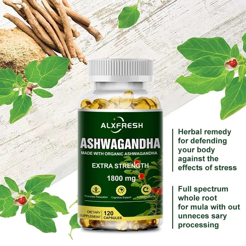 Alxfresh Pure Ashwagandha Root Extract Capsules 1800mg for Natural Mood Stress Focus Brain Energy Sleep Health Support