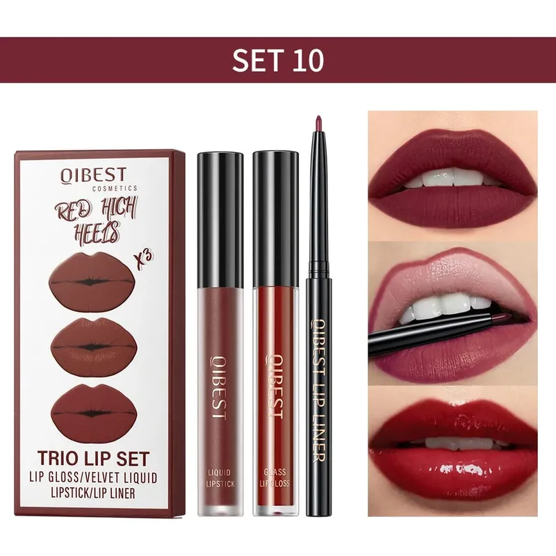3pcs LIPS แต่งหน้าชุดรวม Lip Glaze Lip Mud และ Lip Liner ยาวนาน Nude สีแดงสีดำสีน้ำตาล Lip GLOSS Tint เครื่องสำอาง