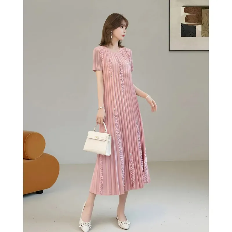 Miyake Abiti eleganti a pieghe Donna 2026 Estate Nuova vacanza Abito in tinta unita Pieghe allentate Manica corta Plus Size Abito pieghevole — image 9