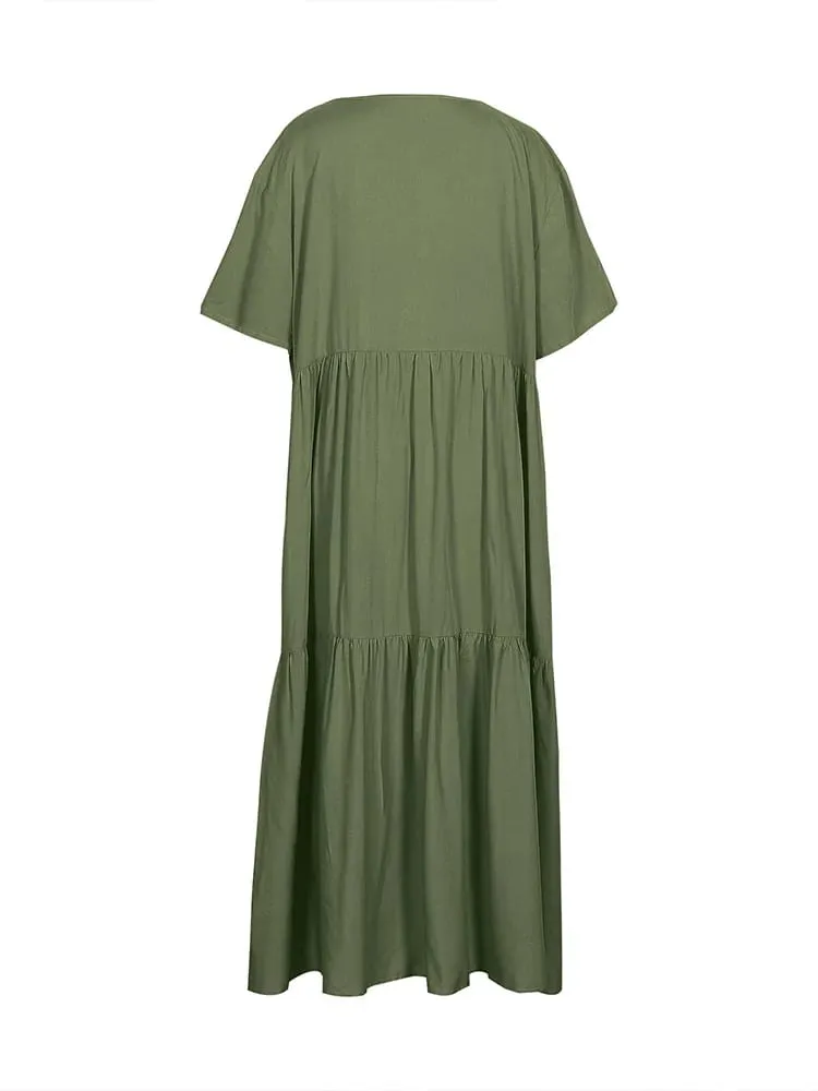 Plus Size Damen Casual Loose V-Ausschnitt Solides Langes Kleid Frühling Sommer Plissee Big Size Damenkleid — image 4