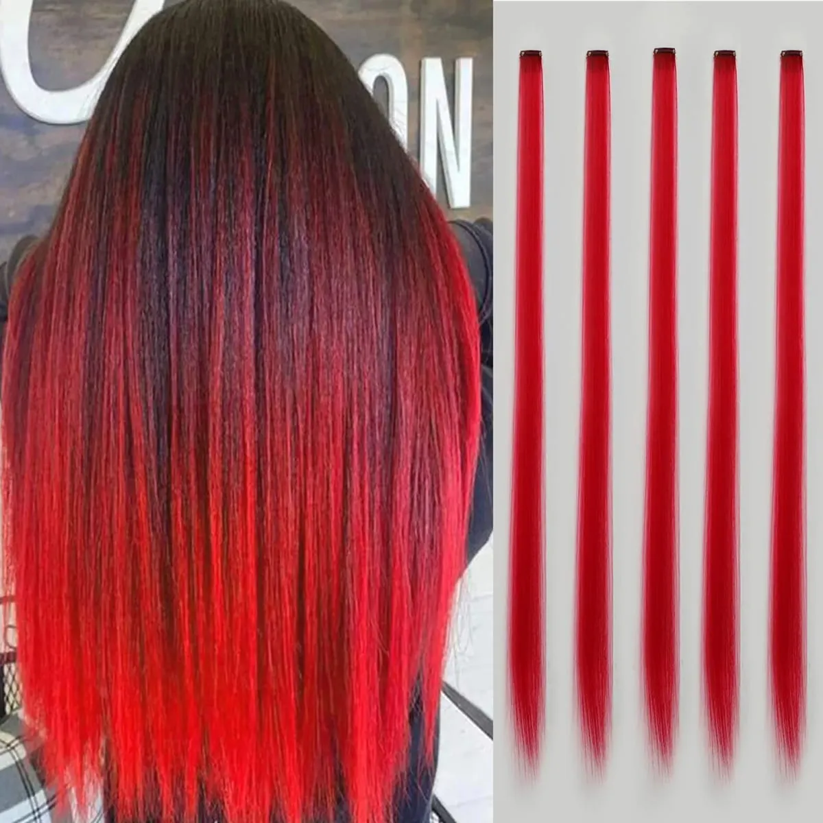 Synthetic 5PC Colored Hair Extensions 22Inch Straight Clip in Christmas Extension Rainbow Party Highlights Hairpiece for Girls — image 12