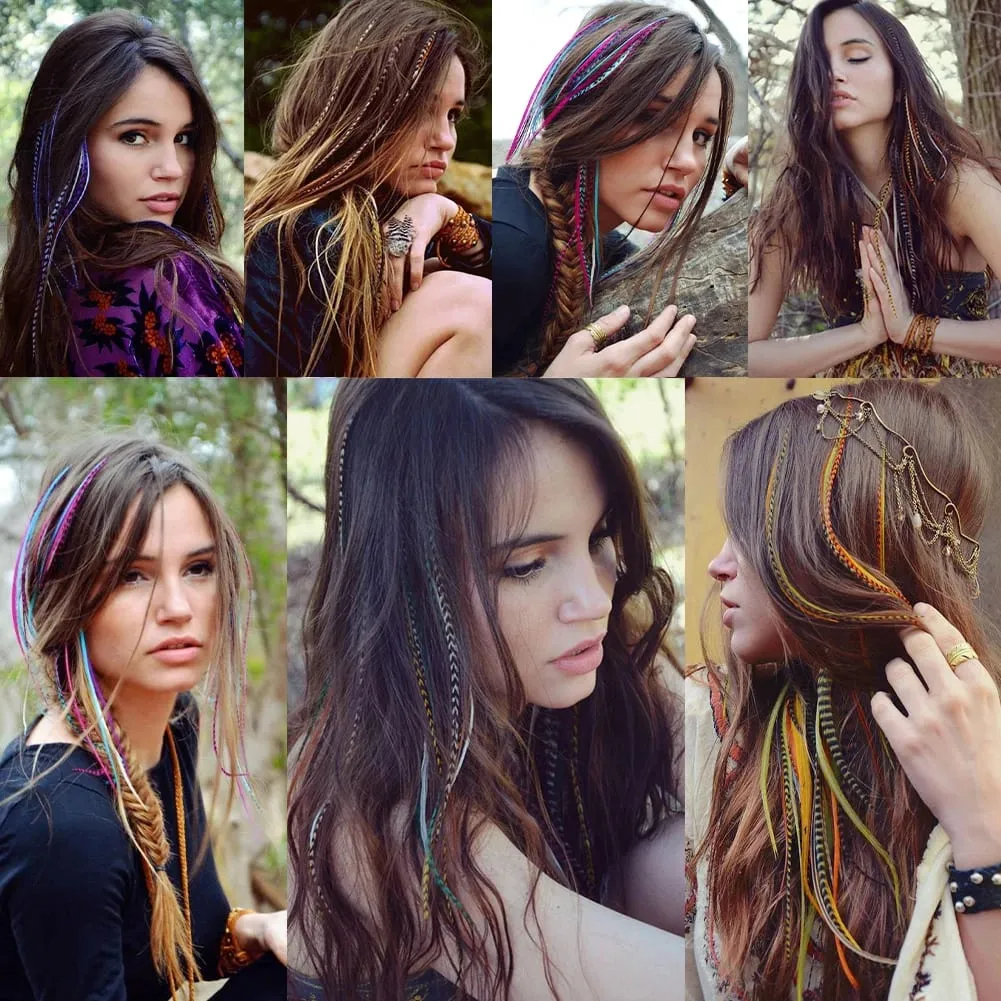 Feather Hair Extensions Colored Synthetic Hair Feather Colorful False Hair Extension Mixed Color Straight Hair For Women Girls — image 7