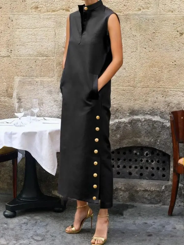 Yeezzi ผู้หญิงแฟชั่นแยกด้านข้าง Buttoned ขาตั้งคอชุดราตรี 2026 ใหม่สีทึบ H-Line เสื้อลำลองชุด — image 1