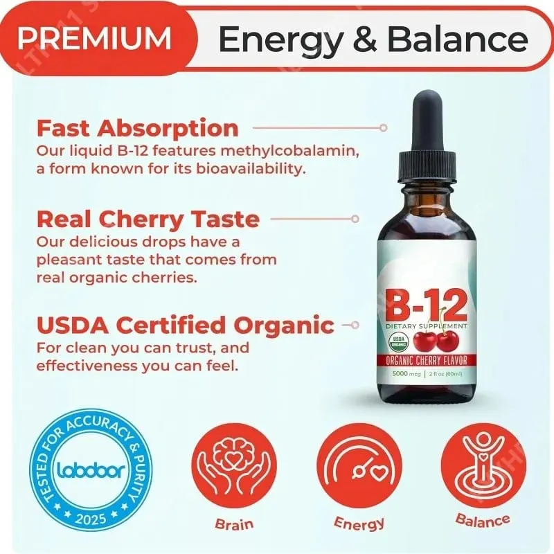 Vitamin B12 Drops 5000mcg Methylcobalamin B12 Liquid Sublingual Supplement Vegan Sugar Free Daily Daily Nutritional Support 60ml — image 3
