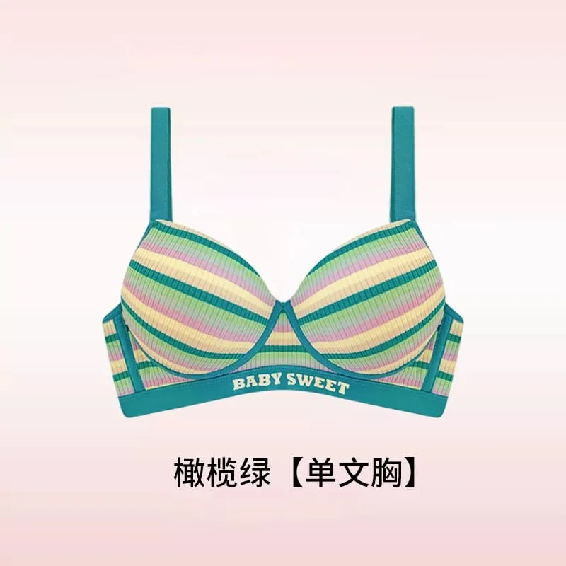 Stripe Women's Bra Set Gathered Anti-Sagging Small Chest Side Breast Reduction Underwear Cute Style Nylon — image 9