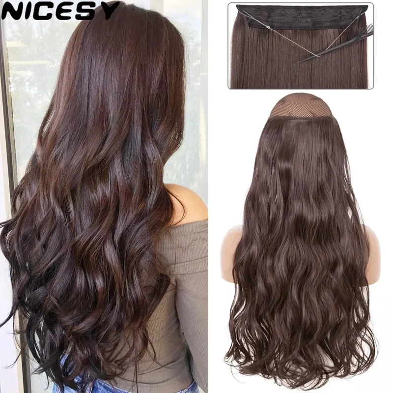 No Clips In Long Wavy Hair Extension Invisible Wire Hidden Fish Line False Hair Piece Synthetic Natural Black Blonde 16”22”32” — image 1
