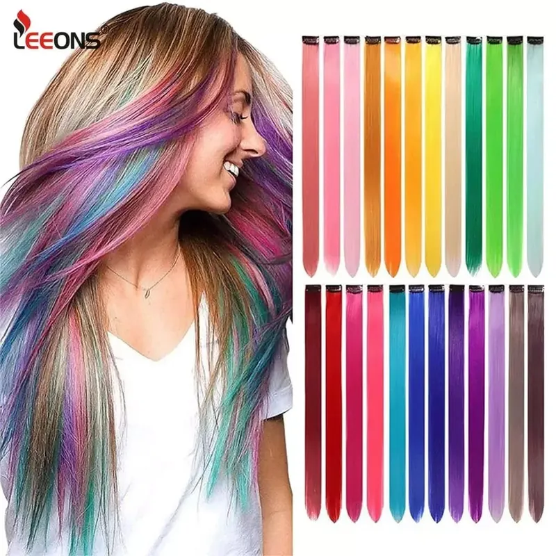 Leeons Synthetic Hair Extensions With Clips Heat Resistant Straight Hair Extensions Color Colored Black Hair Clip Womens 12G/Pcs — image 2