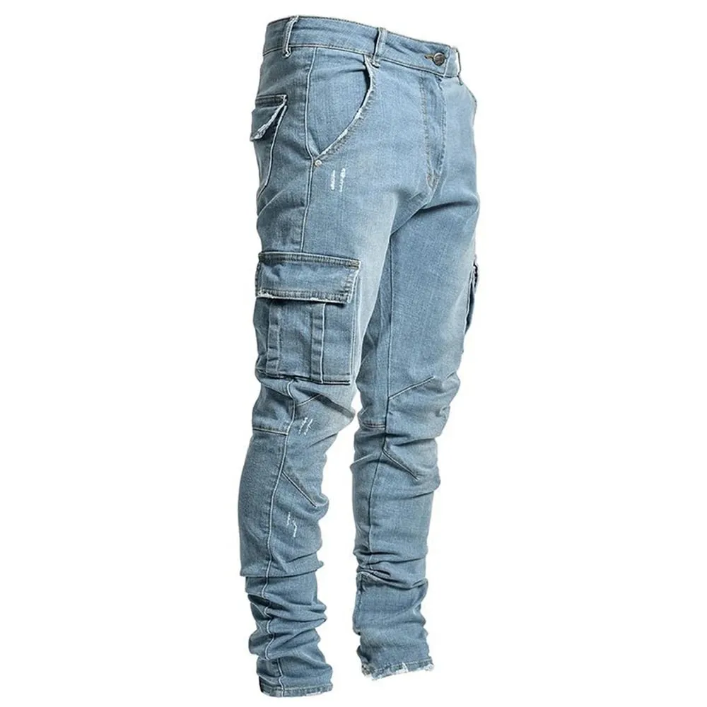 Jean élastique de rue pour hommes, pantalon Cargo en Denim, couleur unie, multi-poches, décontracté, taille moyenne, coupe cintrée, tenue quotidienne, jogging — image 10