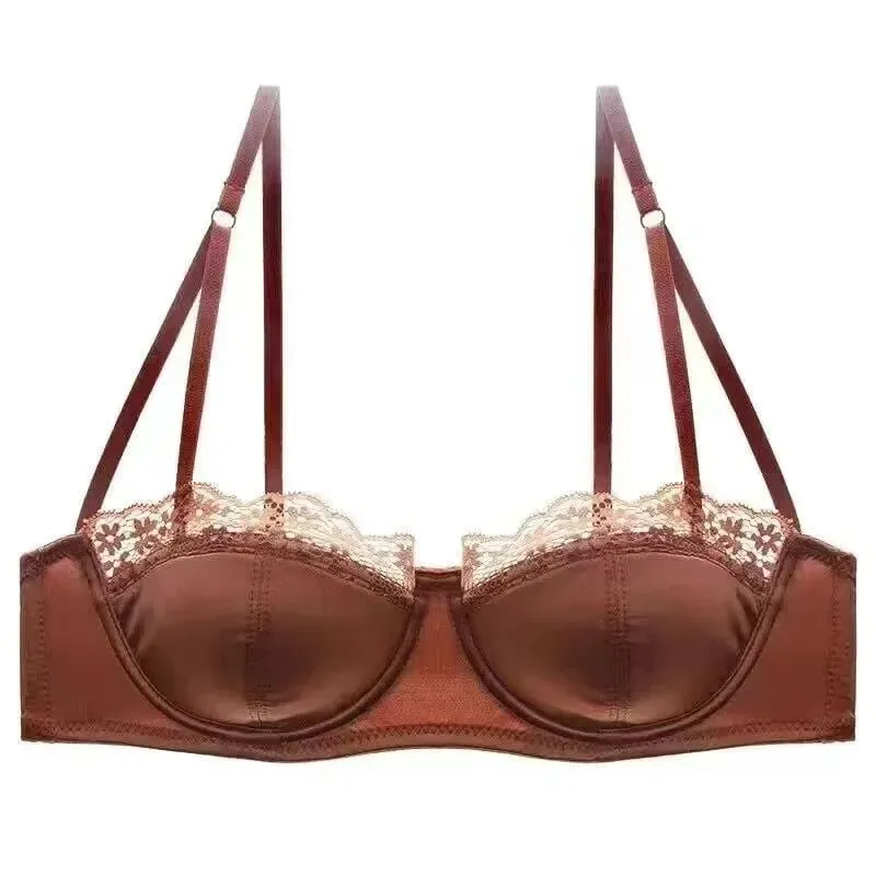 Conjunto de sutiã meia xícara de cetim sexy com anel de aço fino e confortável suporte superior borda de renda verde lingerie brilhante para mulheres — image 10