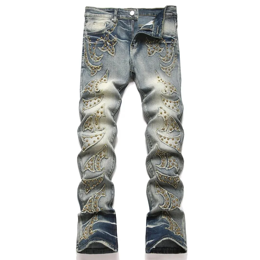 Män Slim Boot Cut Denim Jeans Punk Nit Patch Stretch Byxor Streetwear Blå utsvängda byxor