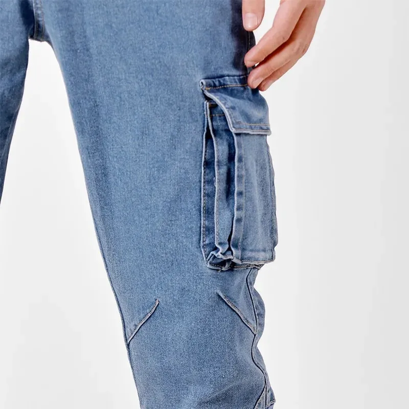 Pantalones Cargo de Mezclilla con Cintura elástica Estilo Callejero para Hombre, Vaqueros Informales de Corte Entallado y Lavado de Color sólido con múltiples Bolsillos para Uso Diario