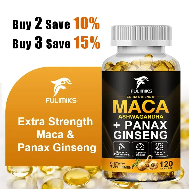 Miscela tripla di maca con integratore di ginseng e ashwagandha che favorisce la salute riproduttiva, l'equilibrio ormonale, i muscoli e il sollievo dallo stress — image 2
