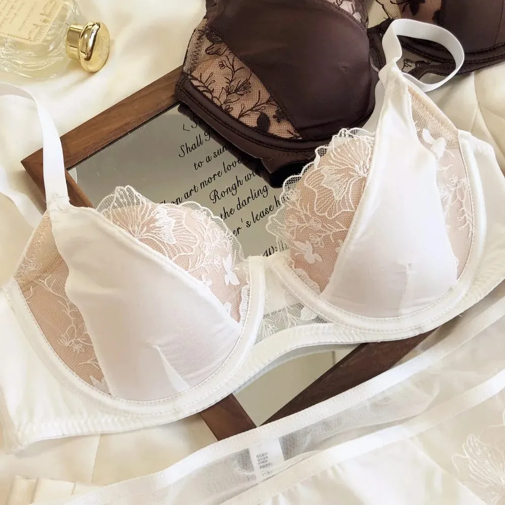 French Retro Color Block Lace Bra Set Soft Underwire Minimizer Thin Cup Lift Support Lingerie Set Women Size 34-40ABC — image 4