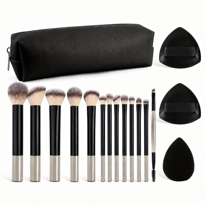 Kit per trucco professionale da 17 pezzi, incluso 13 pennelli in alluminio, borsa per il trasporto e 3 bignè in spugna, ombretto in polvere, fard e dettagli.