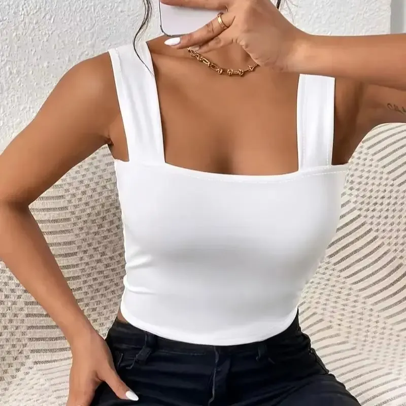 Kadınlar Beyaz Kare Boyun Geniş Askı Kırpılmış Cami Üst Slim Fit Katı Kolsuz Tank Yaz Günlük Denim Eşleşen Sokak Rahat