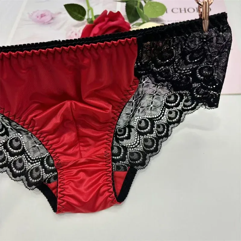 Sexy men underwear elasticity smooth underpants Transparent, breathable, Red lace Men's Briefs — image 7