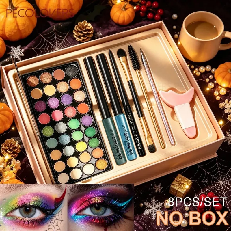 8PCS/SET Palet Pembayang Mata Celak Cecair Berkilau Celak Celak Hitam Berus Mata Set Kecantikan Halloween/Krismas/Parti — image 2
