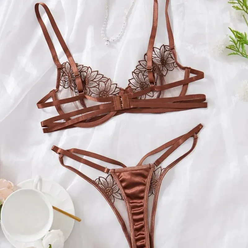 Set Bra Berwayar Berdawai Bersulam Bunga Mewah Berjala Wanita + Seluar Dalam — image 2