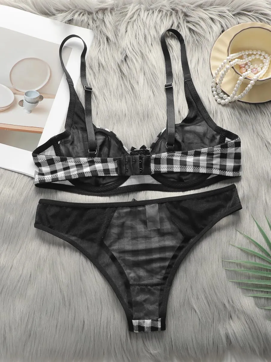 Women's lingerie set with black and white checkered pattern and steel ring gathering push up sexy bra set B1121 — image 2