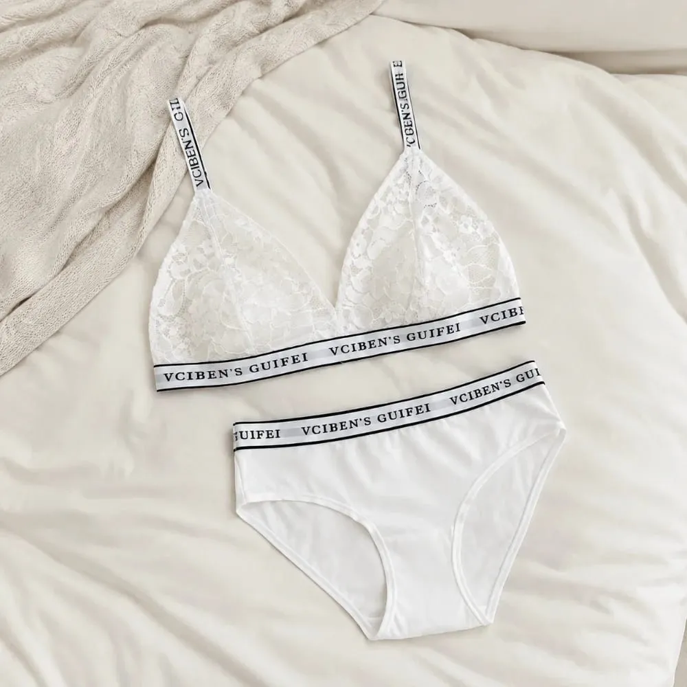 Bequemes Dessous-Set mit Buchstaben-Design, tiefer V-Spitze, Damen-Unterwäsche-Anzug, kabelloser Farbblock-BH, Höschen-Set, Geschenk — image 4