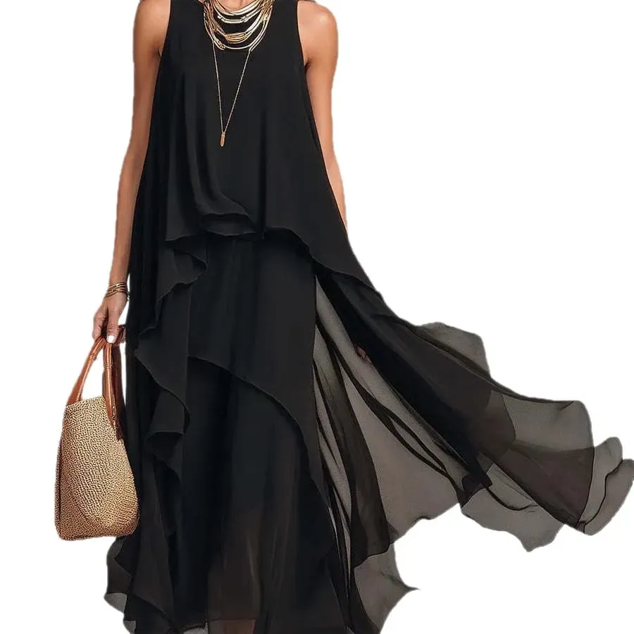 2026 Nuovo abito lungo in chiffon irregolare senza maniche nero con temperamento elegante per abito da donna — image 6