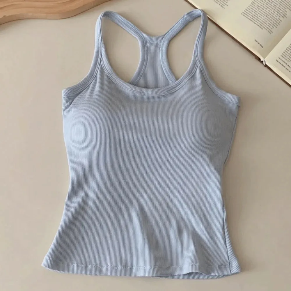 Rompi Berongga Tali Bahu Lebar Kamisol Kecil Payudara Punggung Berbentuk H Nyaman Tank Top Tipis Elastis Desain Ramping