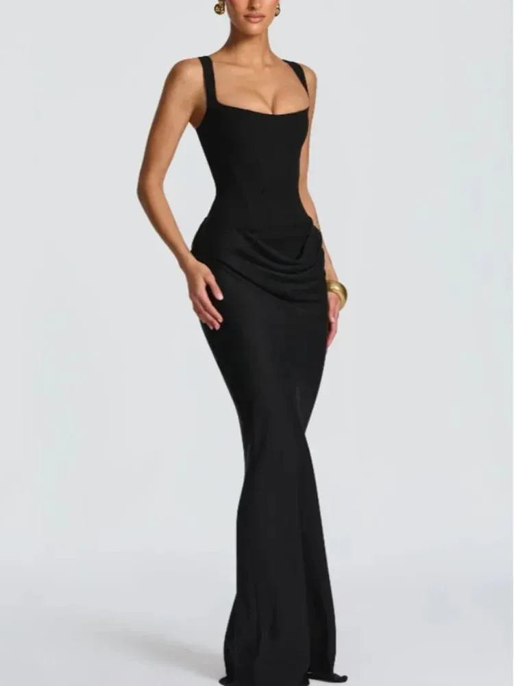 Wanita Elegant Pleated Sling Dresses Solid Square Leher Tanpa Lengan Off-shoulder Pinggang Cinching Dress Fesyen Gaun Pesta Petang — image 5