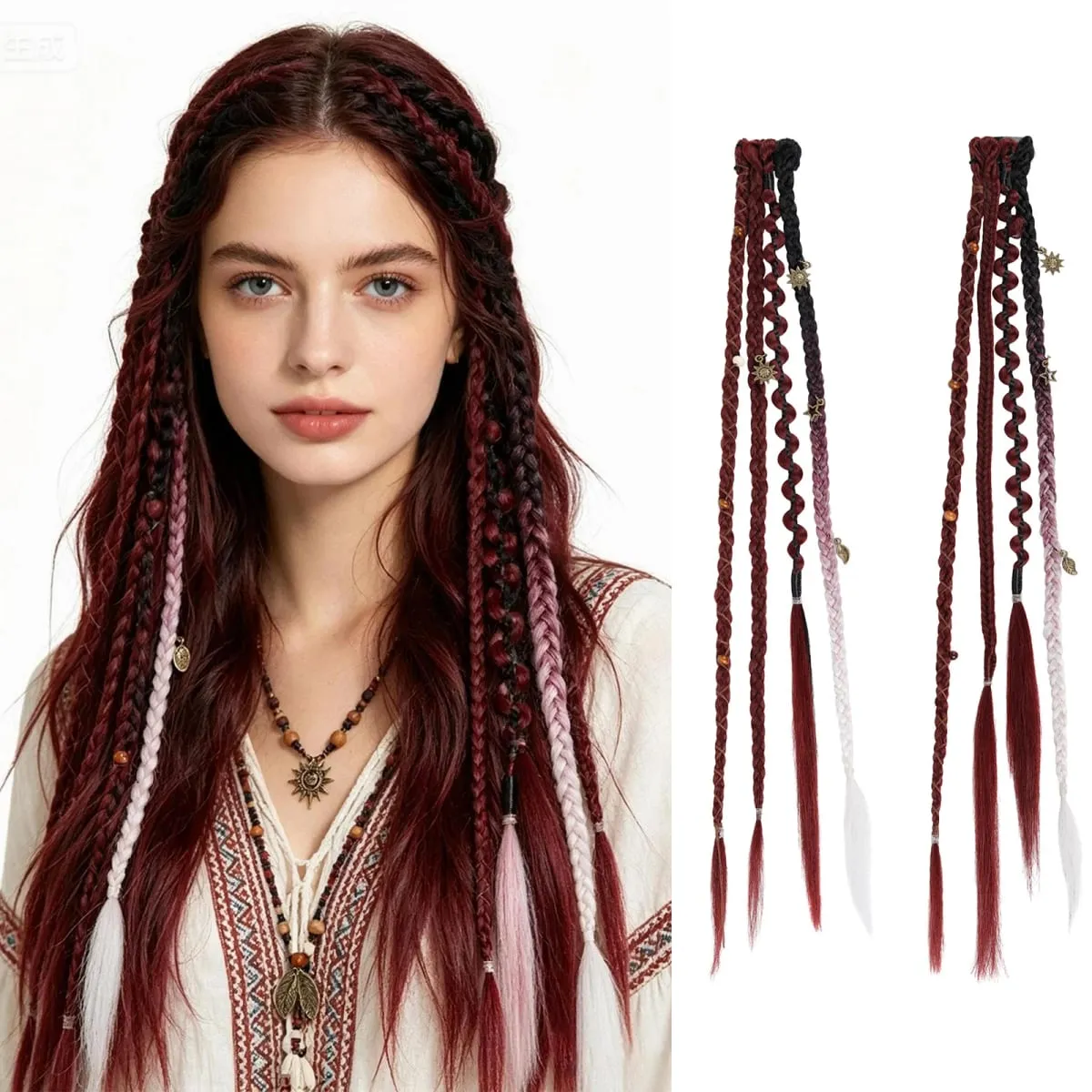 Kẹp trong bím tóc 2 CHIẾC 20Inch Phần mở rộng Dreadlock với Hạt & Dây Xích Viking Boho Bím Tóc cho Lễ Hội Cosplay Hàng Ngày Tạo Kiểu — image 2